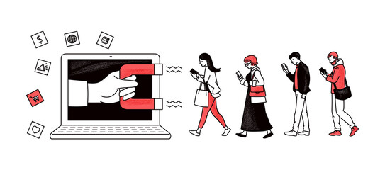 Inbound marketing with magnet attracting people sketch vector illustration.