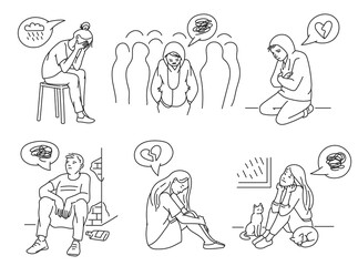 Line art set of sad and depressed people, sketch vector illustration isolated.