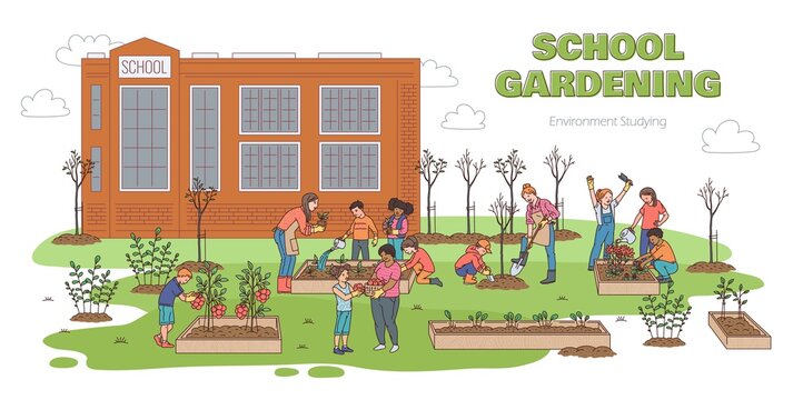 Children gardening outdoors by school building - cartoon banner