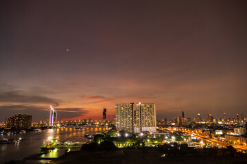 Bangkok riverside skyline with Chao Phraya river, Thailand