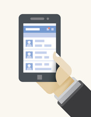  Businessman hand holding mobile smartphone with business contacts in social media network (Facebook, Twitter etc.) internet webpage.