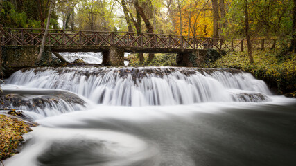A bridge crossing a waterfall in an autumnal forest