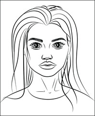 Young girl with her straight hair in a vector line. Isolated on a white background. Black line art of a Beautiful European Woman. Suitable for beauty salon, blog, picture in the interior or in site.