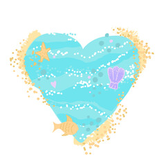 Vector illustration of an ocean of love,a heart shaped sea with sand and foamy waves.Fish,shells and starfish.Space for text, copy space.Hand drawn illustration in flat style. Print for summer clothes