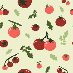 Seamless pattern with tomatoes and leaves. Hand drawn vegetables. Vegetarian food, healthier ingredients, vitamins.