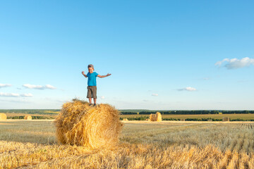 Little boy stands on a haystack on a sunny day in the field with hay bales after harvest.