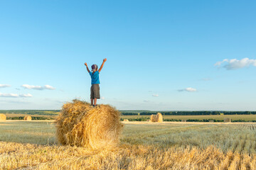 Child have fun  stands  on a haystack on a sunny day in the field. © rozaivn58