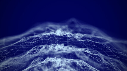 Futuristic mountainous terrain on a blue background. Abstract composition. Connection structure lines and dots. 3d rendering.