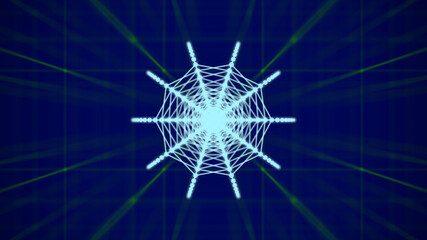 Blue abstract mesh background with circles, lines and shapes. Virtual world of the internet network. Author's abstract thinking. 3d rendering.