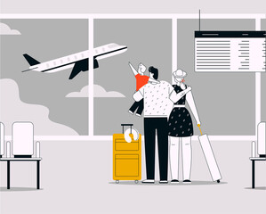 Vector linear illustration of family travelling with kid