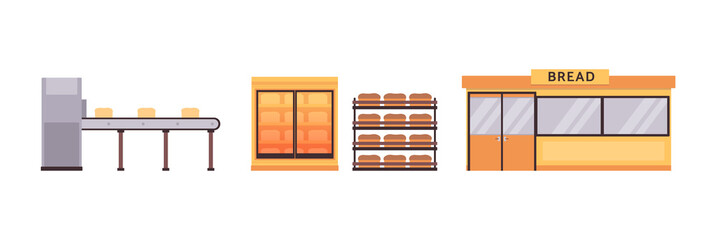 Bread and bakery production equipment set flat vector illustration isolated.