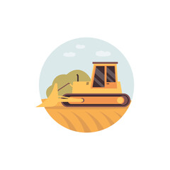 Fototapeta premium Yellow bulldozer on field - harvester machine or agricultural vehicle