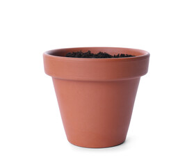 Stylish terracotta flower pot with soil isolated on white