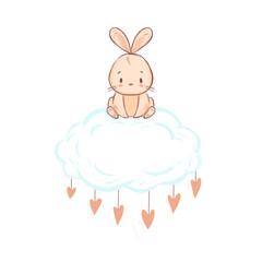 Cute bunny is sitting on a cloud. Baby Shower invitation, baby card, picture on the packaging of diapers