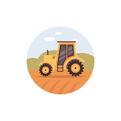 Yellow tractor on harvest field inside circle frame