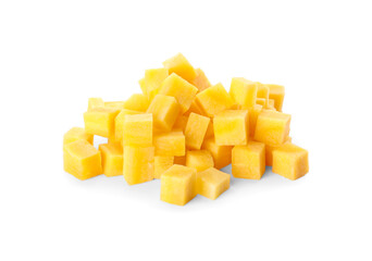 Raw yellow carrot cubes isolated on white