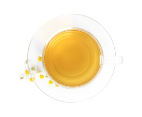 Fresh chamomile tea and dry flowers isolated on white, top view