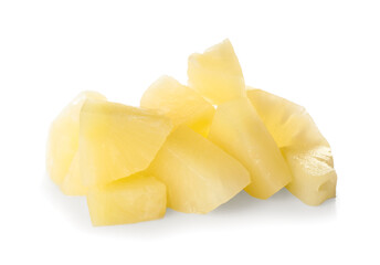 Pieces of canned pineapple isolated on white