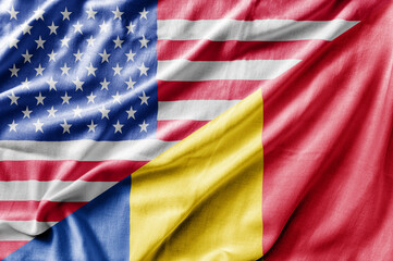 Mixed USA and Romania flag, three dimensional render