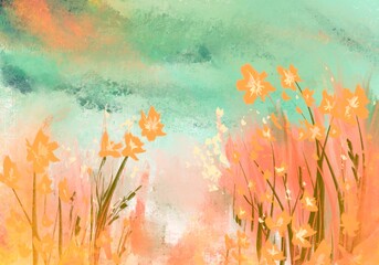 Fototapeta na wymiar Pink wild flowers blossom landscape Illustration.