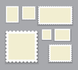Blank postage stamps template set isolated on gray background. Collection of trendy postage stamps for label, sticker, app, mockup post stamp and wallpaper. Creative art concept, vector illustration