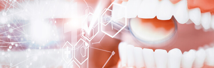 Dentist's office. Dentist examines the oral cavity before treatment. The doctor shows a course of treatment. Caries jaw treatment. Implantation and installation of veneers.