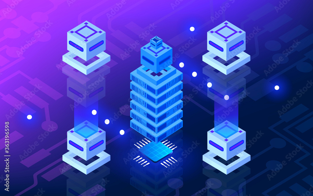 Poster hosting server in isometric view. blockchain technology. digital internet technology and communicati
