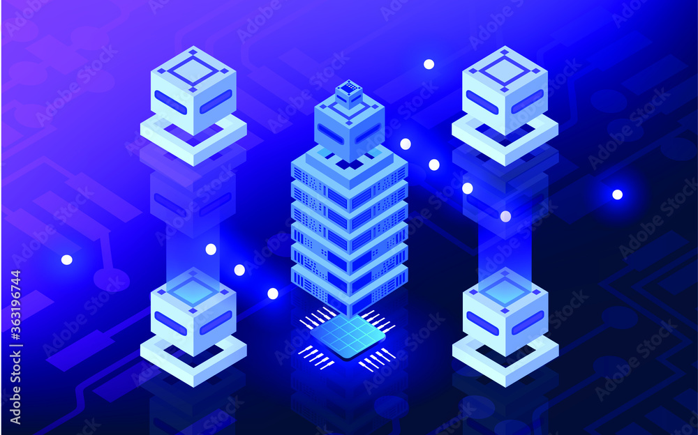 Poster hosting server in isometric view. blockchain technology. digital internet technology and communicati