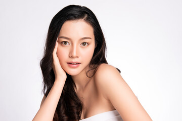 closeup Beauty Woman face Portrait, Beautiful Young Asian Woman with Clean Fresh Healthy Skin, Facial treatment. Cosmetology, beauty and spa, on white background.
