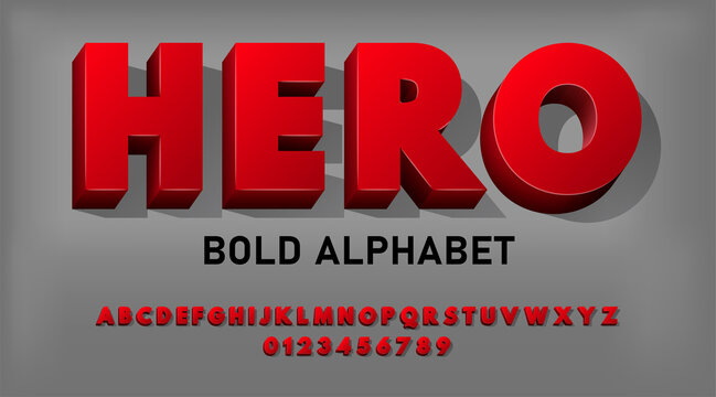 Stylized red vector bold font. Set of bold red symbols and numbers alphabet. Vector volumetric font with flat shadow.