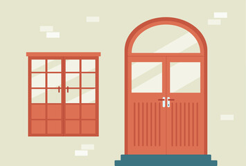 House front wall with wooden door and window frame flat vector illustration.