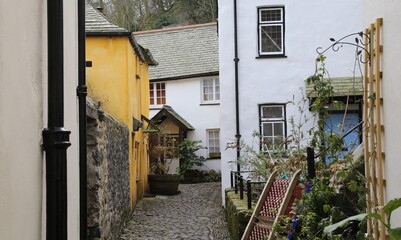 Fototapeta na wymiar A quiet, side street in the centre of Clovelly village, Devon, England.