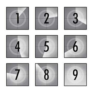 Film Countdown Set. Square Counters With Numbers In Circles, Vintage Intro Of Movie, Retro Camera Or Projector Timer. Can Be Used For Television, Video, Cinematography, Old Movie Concepts