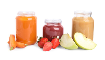 Healthy baby food in jars and fresh ingredients on white background