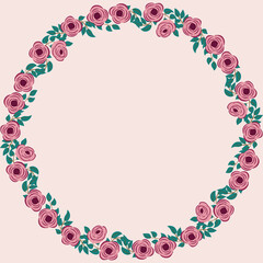 Floral round frame from cute ditsy flowers. Greeting card template. Design artwork for the poster, tee shirt, pillow, home decor. Summer wild flowers wreath.