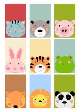 Card with Cute hand drawn animals characters collection set. Cartoon zoo animals: hare, tiger, frog, fox, lion, panda, cat, bear, pig