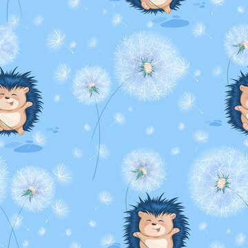 Vector seamless pattern with funny blue hedgehog and white summer dandelions. Children's cheerful print on a blue background.