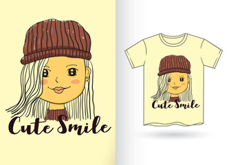 Hand drawn cute girl for t shirt