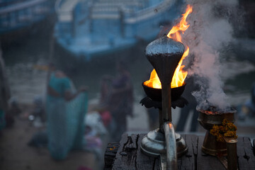 Hindu priests perform an worship, Varanasi.