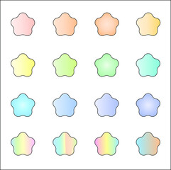 16 pastel vibrant solid colored five sided cloud shape vector icon set on white background. Easter, holiday and, birthday concepts.	