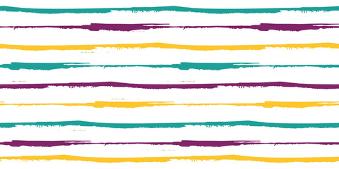 Vector border of thin horizontal painterly blue, yellow, purple stripes. Colorful seamless striped banner on white backdrop. Hand drawn paint brush style design. For edging, trim, ribbon, washi tape