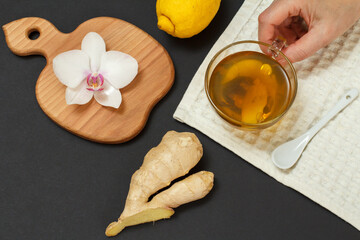 Health remedy foods for cold and flu relief on a black background.