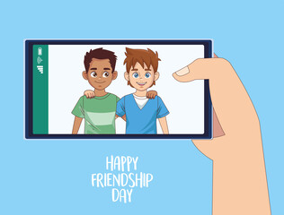 happy friendship day celebration with boys couple in smartphone