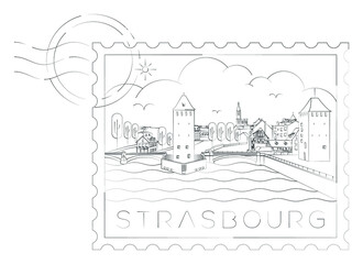 Strasbourg urban skyline stamp,  vector illustration and typography design, Towers Bridges Ponts Couverts, Strasbourg, France - obrazy, fototapety, plakaty