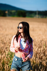 Portrait of a girl in a wheat field. Girl in glasses and shirt on a wheat field. Portrait of a beautiful girl in a shirt and sunglasses on a wheat field. Glasses and sunglasses. Wheat field.