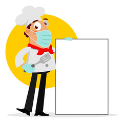 Cartoon of Chef Wearing Face Mask and Holding Blank Sign - Vector Isolated Illustration