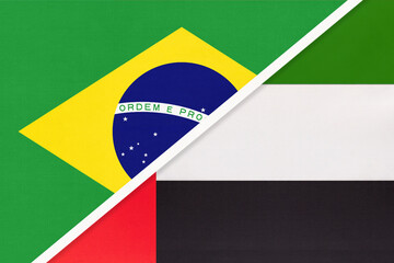 Brazil and United Arab Emirates or UAE, symbol of national flags from textile. Championship between two countries.