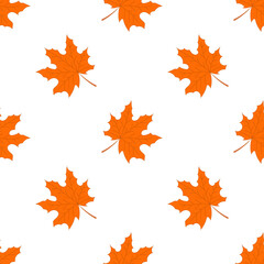 Autumn vector seamless pattern with orange maple leaves on a white background.