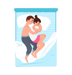 Cute couple sleeping in their bed. Sweet night dreams. Cartoon style vector illustration.