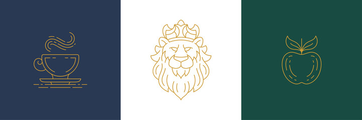 Vector line elegant decoration design elements set - lion head and apple illustrations linear style